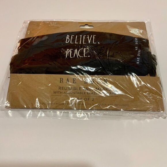 Rae Dunn Black Cloth Graphic Believe Peace Masks 2pk Adjustable New - Picture 1 of 5